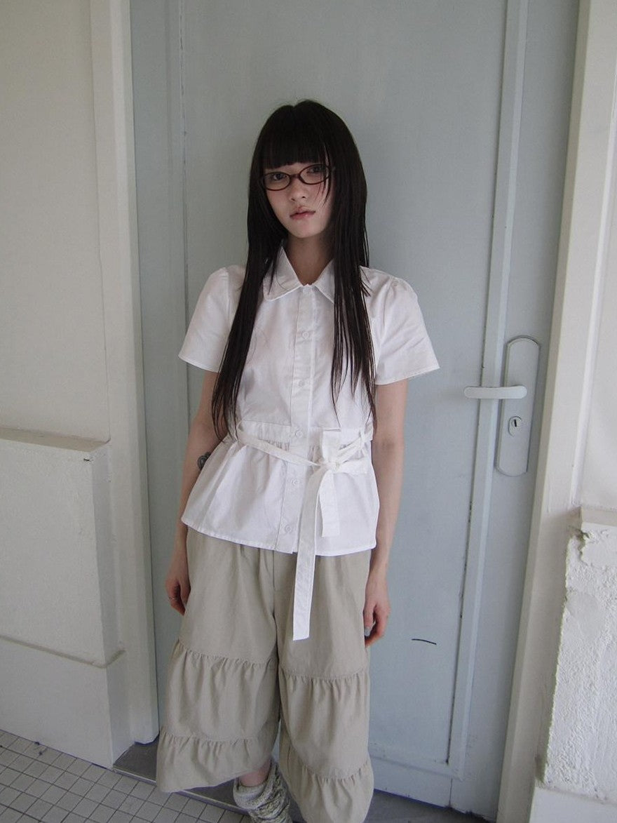 ang project Korean Turn Down Collar Single Button Tie Waist Women&