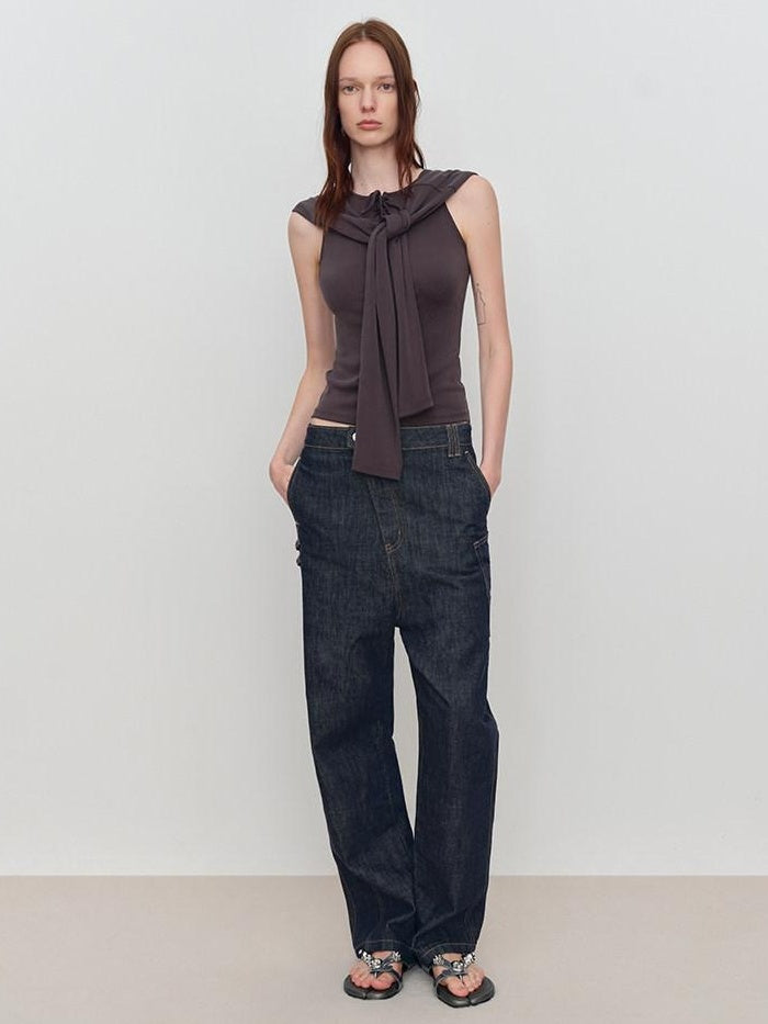 RUN TO THE FUTURE Original Design Tie Detail Slim Fit Modal Blend Women Two Piece Solid Tank Tops