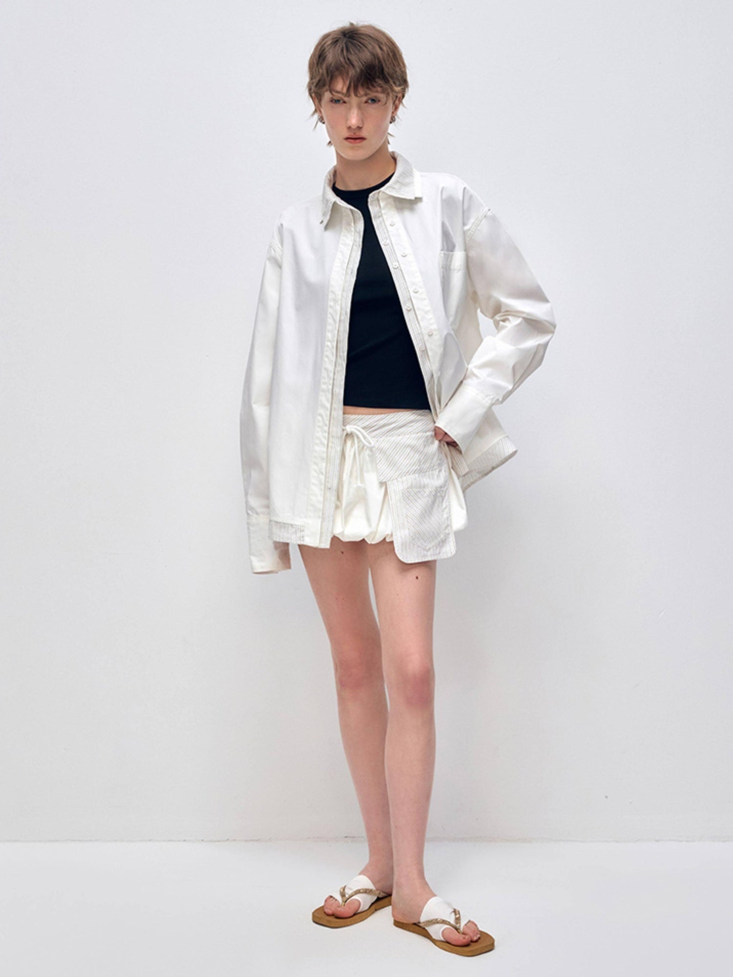 RUN TO THE FUTURE Cotton Long Sleeve Polo Button Minimalist Two Piece Women Antique White Shirts