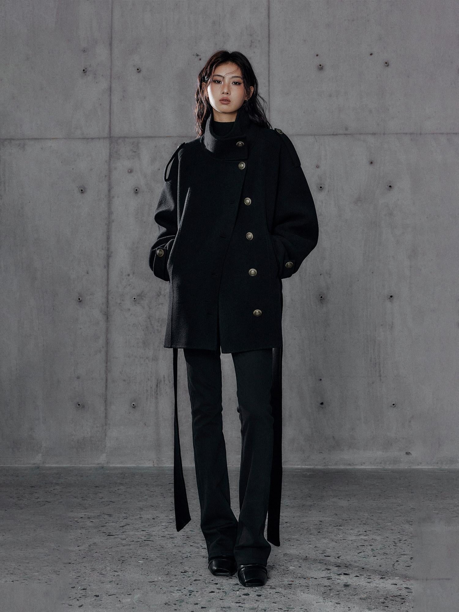 Low pixel Warm Oversized Street Midlength Notch Lapel Wool Cashmere Black Wool Coats