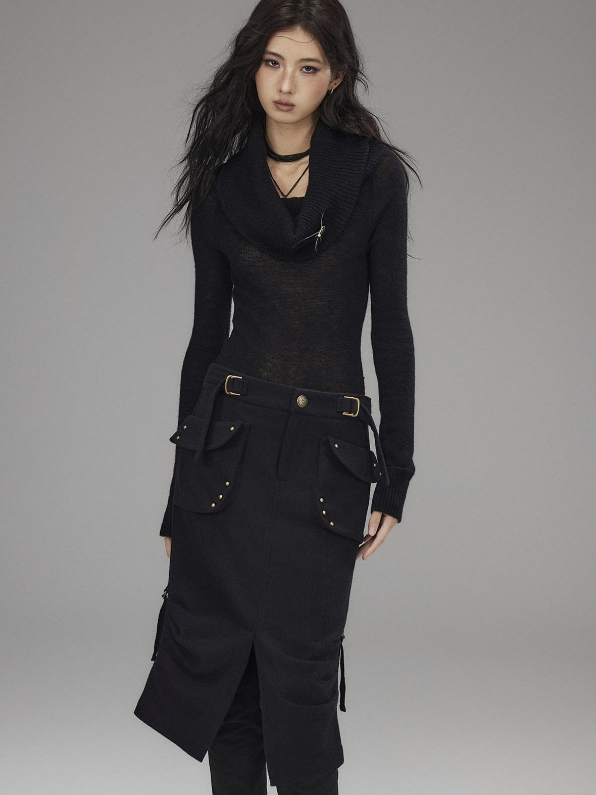 Low pixel Wool Blend Low Rise Cargo Pockets Front Slit Hline Casual Black Midi Skirts