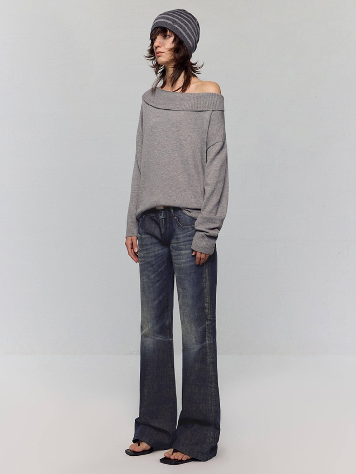 RUN TO THE FUTURE Vintage Commuter Loose Tie Asymmetric Neck Women Grey Knit Long Sleeve T-Shirts