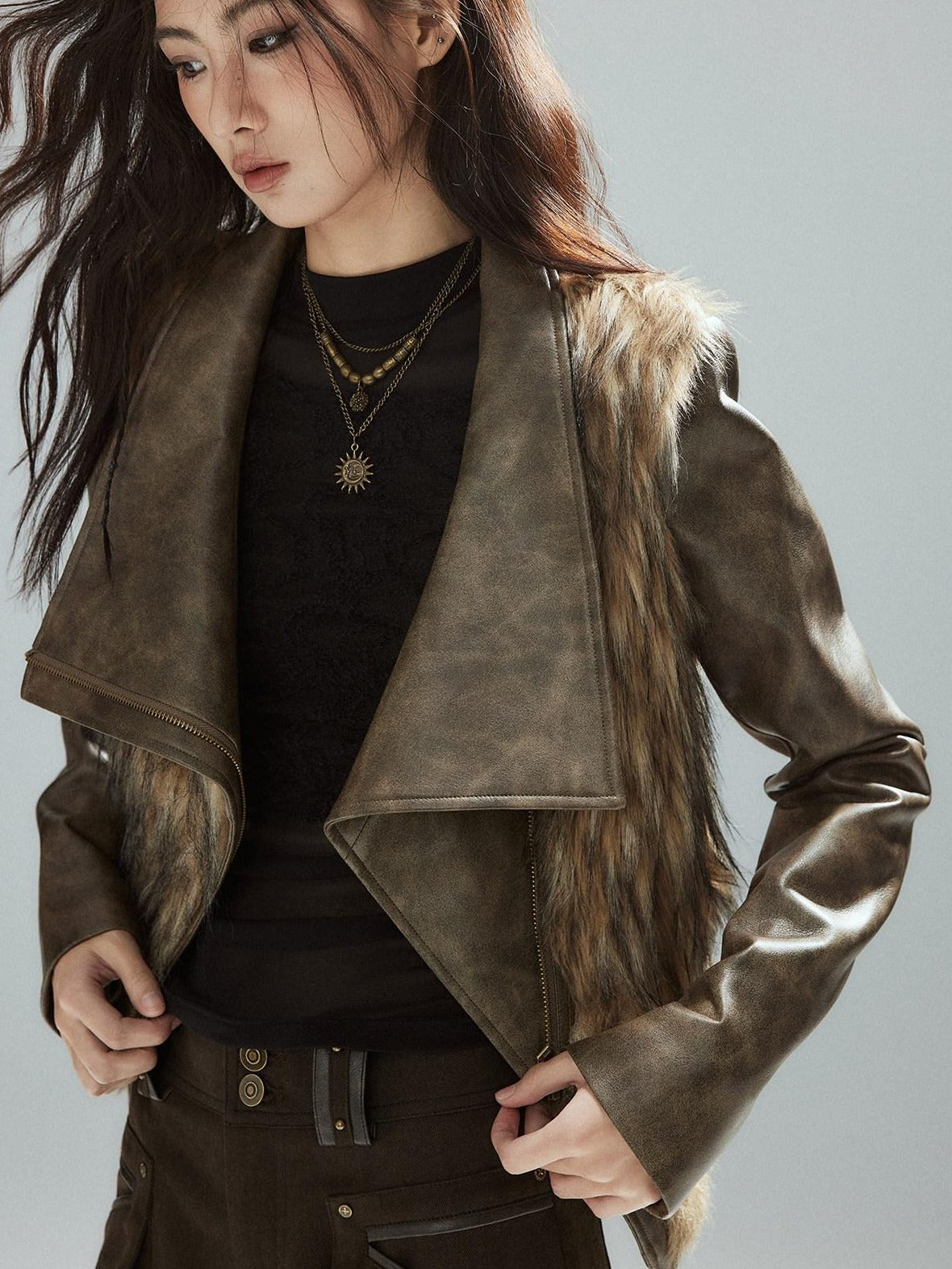 Low pixel Thick Waist Cinch Patchwork Street Style Women Brown Zipper Lapel Cropped Jackets
