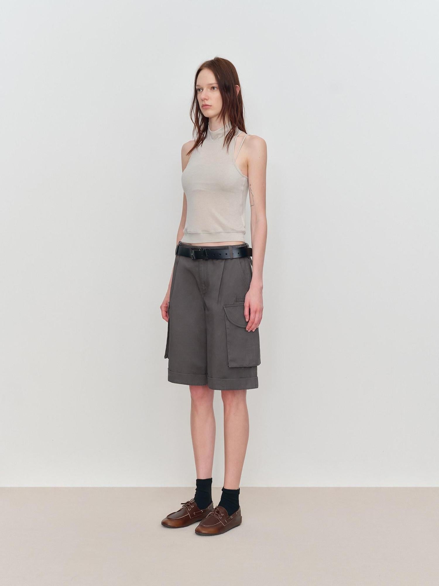 RUN TO THE FUTURE Low Rise Pockets Wide Leg Loose Cotton Women Dark Gray Zip Fly Short Trousers