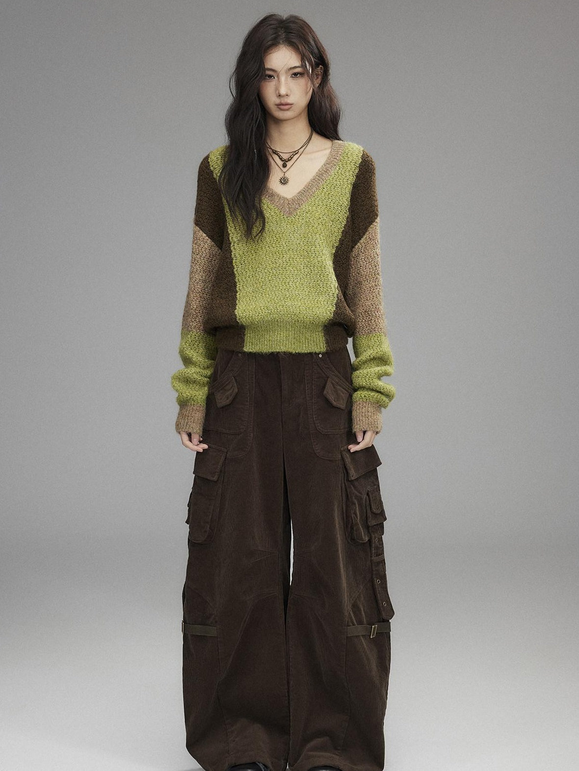 Low pixel Thick Sheep Wool Patchwork Streetwear Loose Fit V-neck Pullover Youth Sweaters