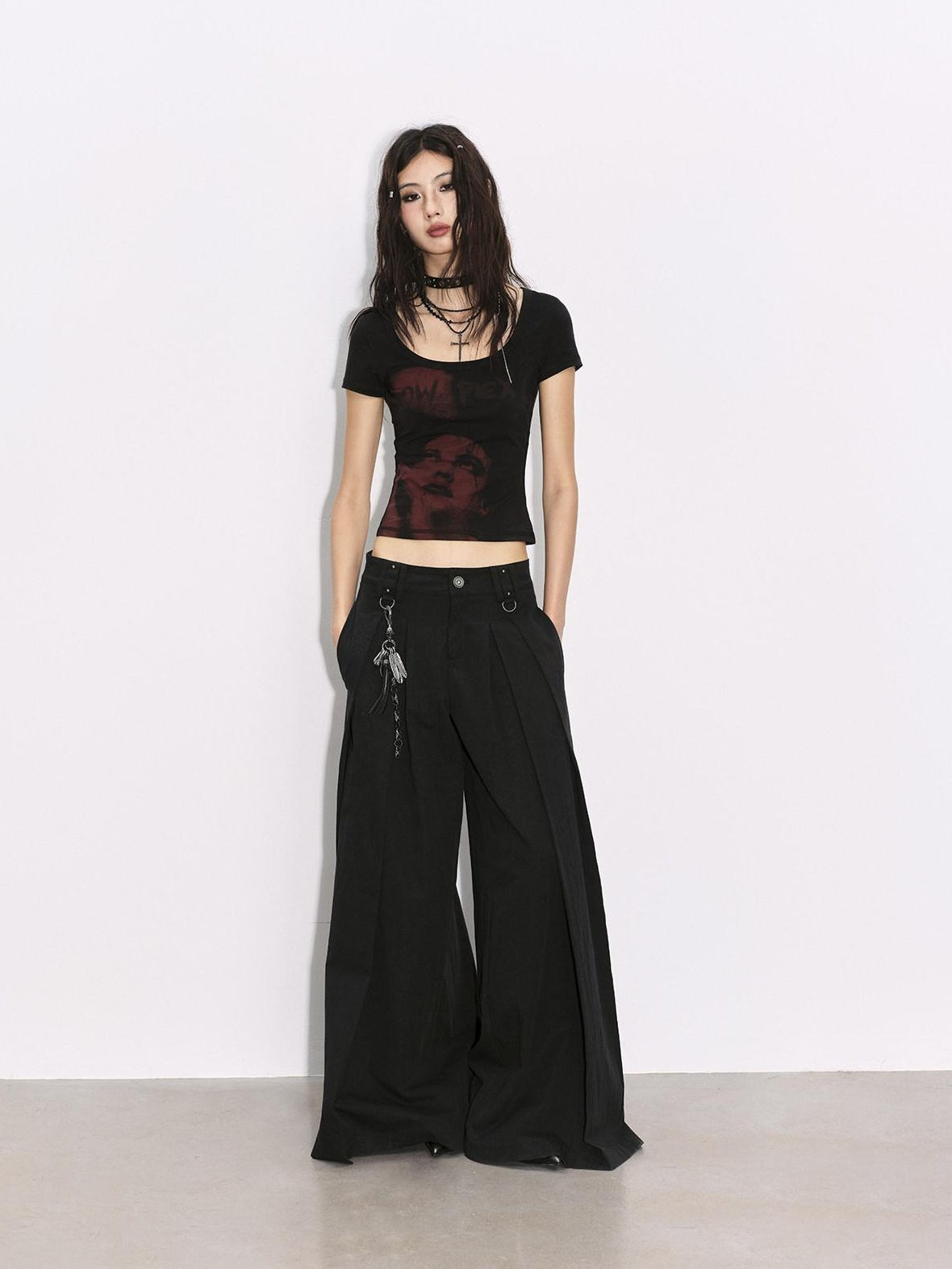 Low pixel Pleated Low Waist Relaxed Cotton Blend Black Women Wide Leg Pants