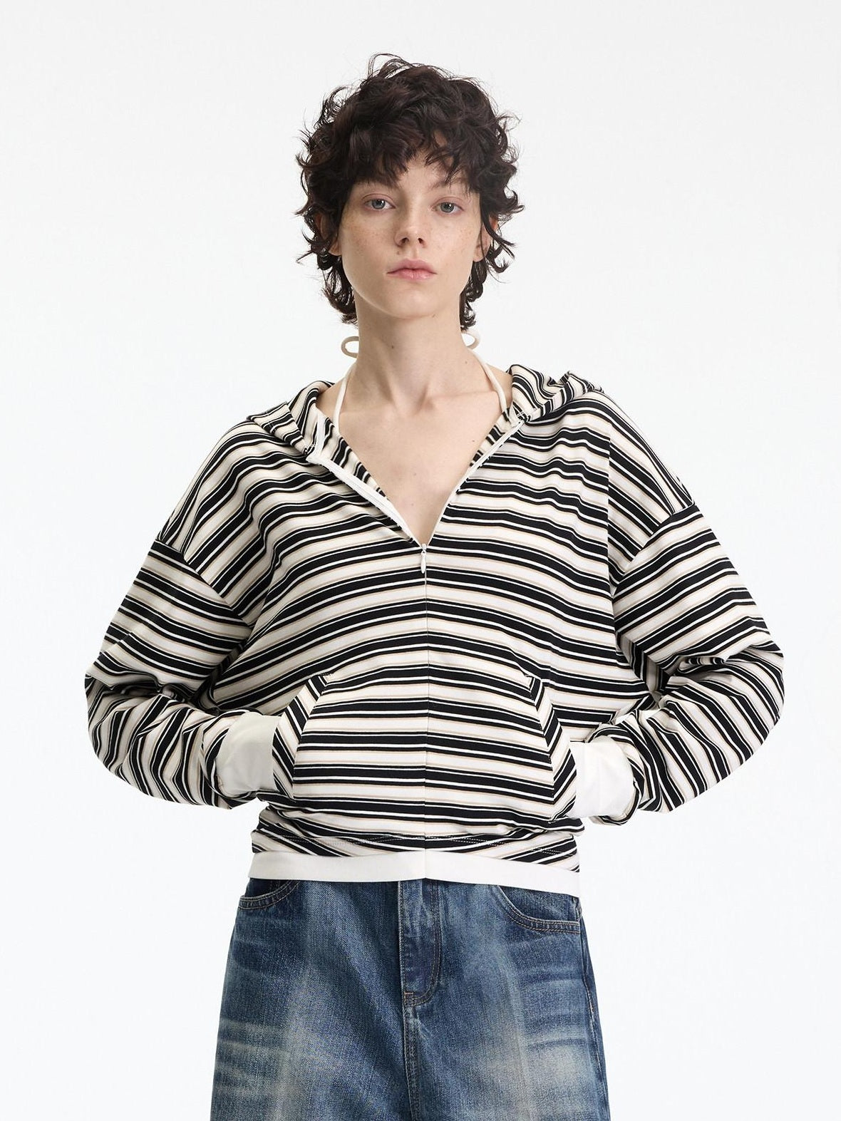 RUN TO THE FUTURE Soft Stretch Cotton Hooded Zip Striped Casual Women Knit Cardigans