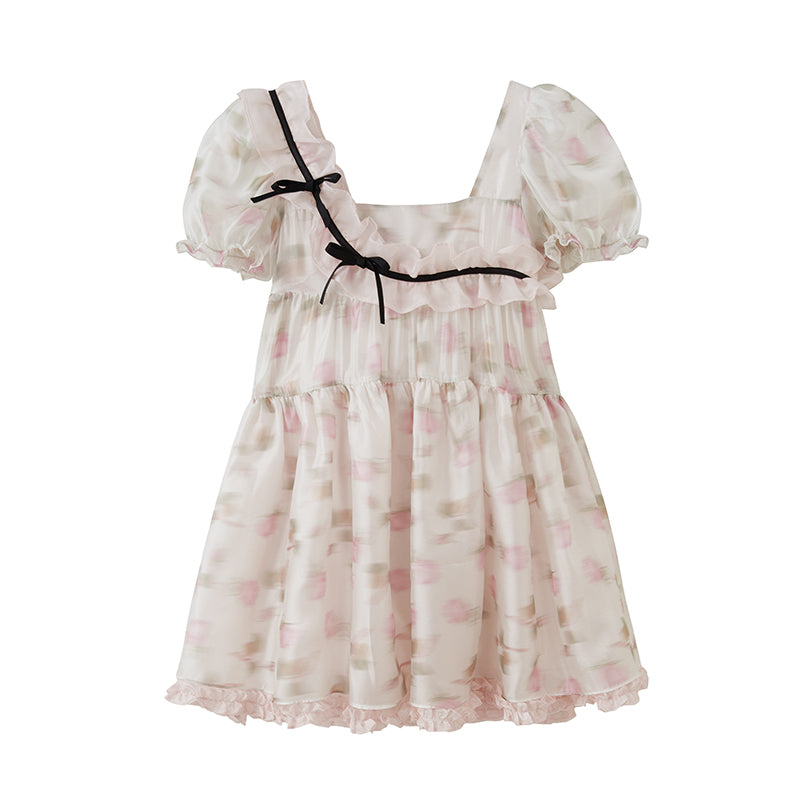 DIDDI MODA Sweet Puff Sleeve Floral Bow Princess Dress