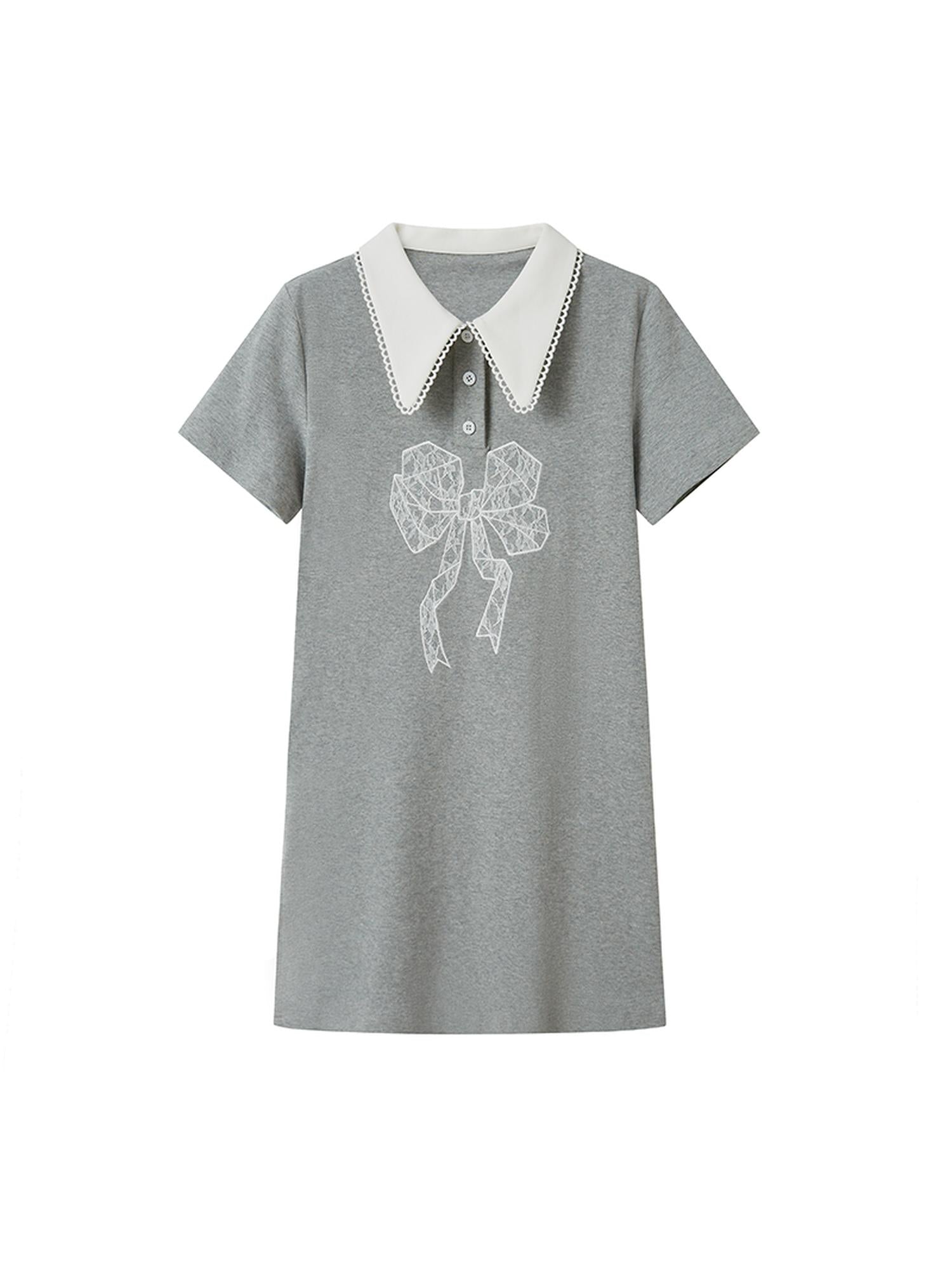 DIDDI MODA Floral Lace Bow Polo Collar Summer Dress