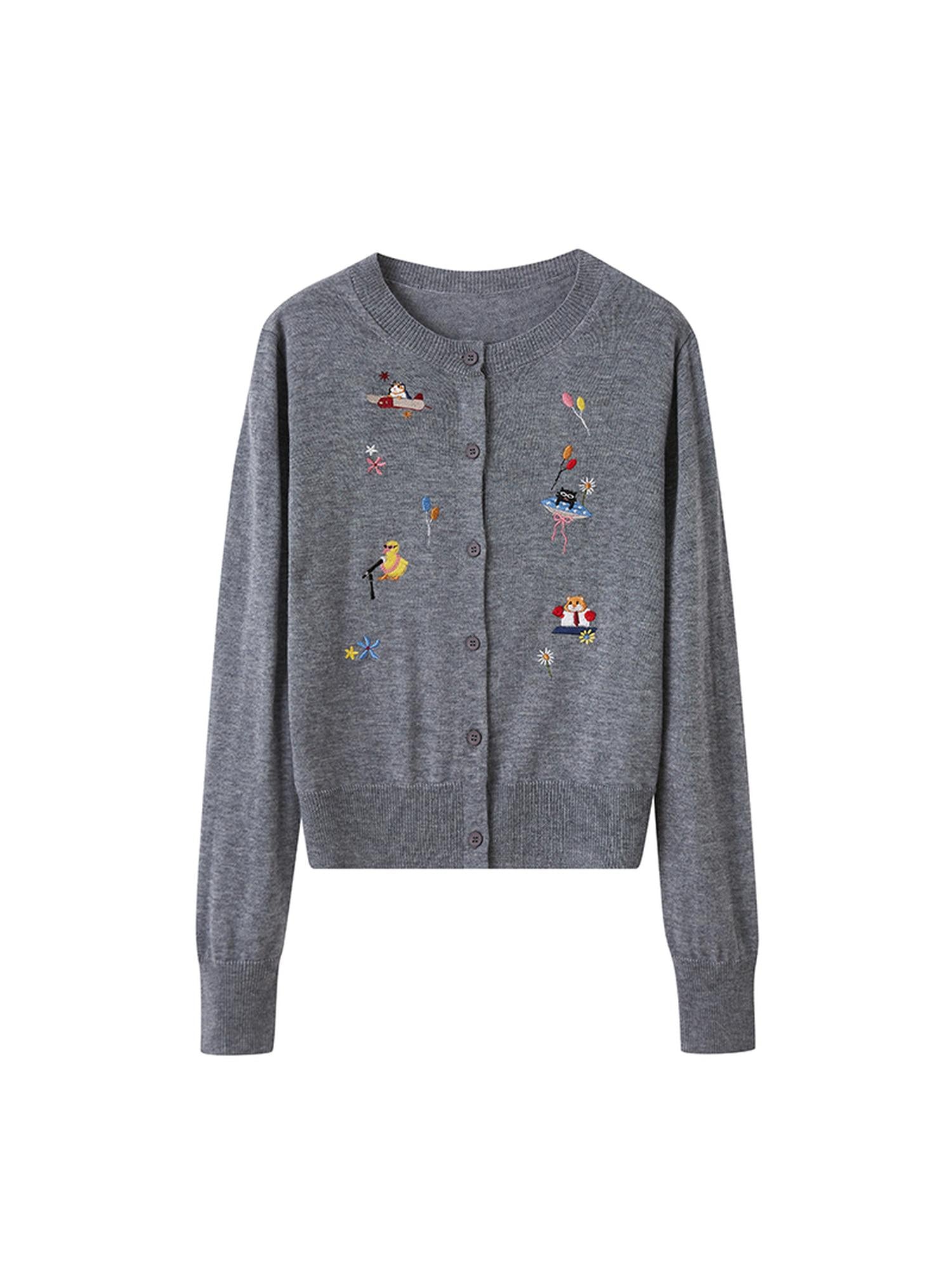 DIDDI MODA Colorful Cartoon Embroidered Round Neck Knit Cardigan