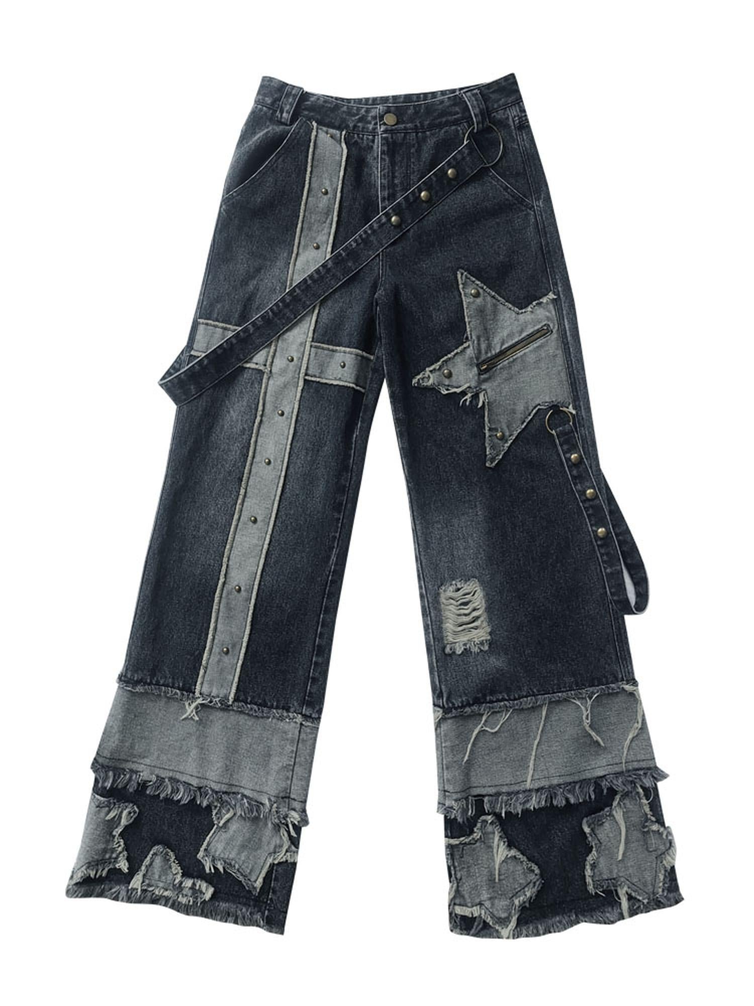 WSW WUSHENWU Echo Headphone Denim Low Rise Wide Leg Washed Jeans With Studs