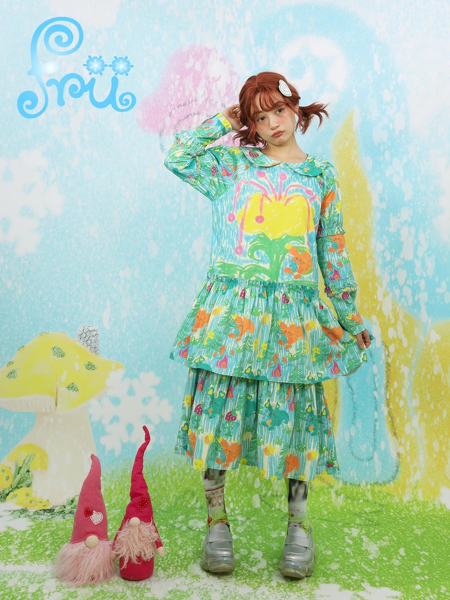 Green Print Puff Sleeve Winter Dress With Detachable Collar