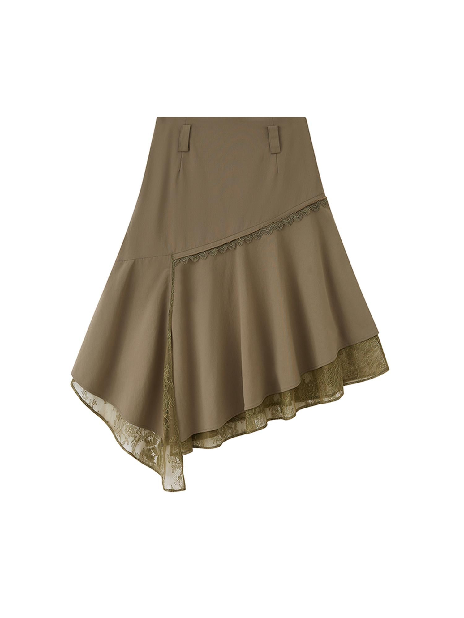 DIDDI MODA Lace Trimmed Asymmetrical Slit Skirt With Layered Hem