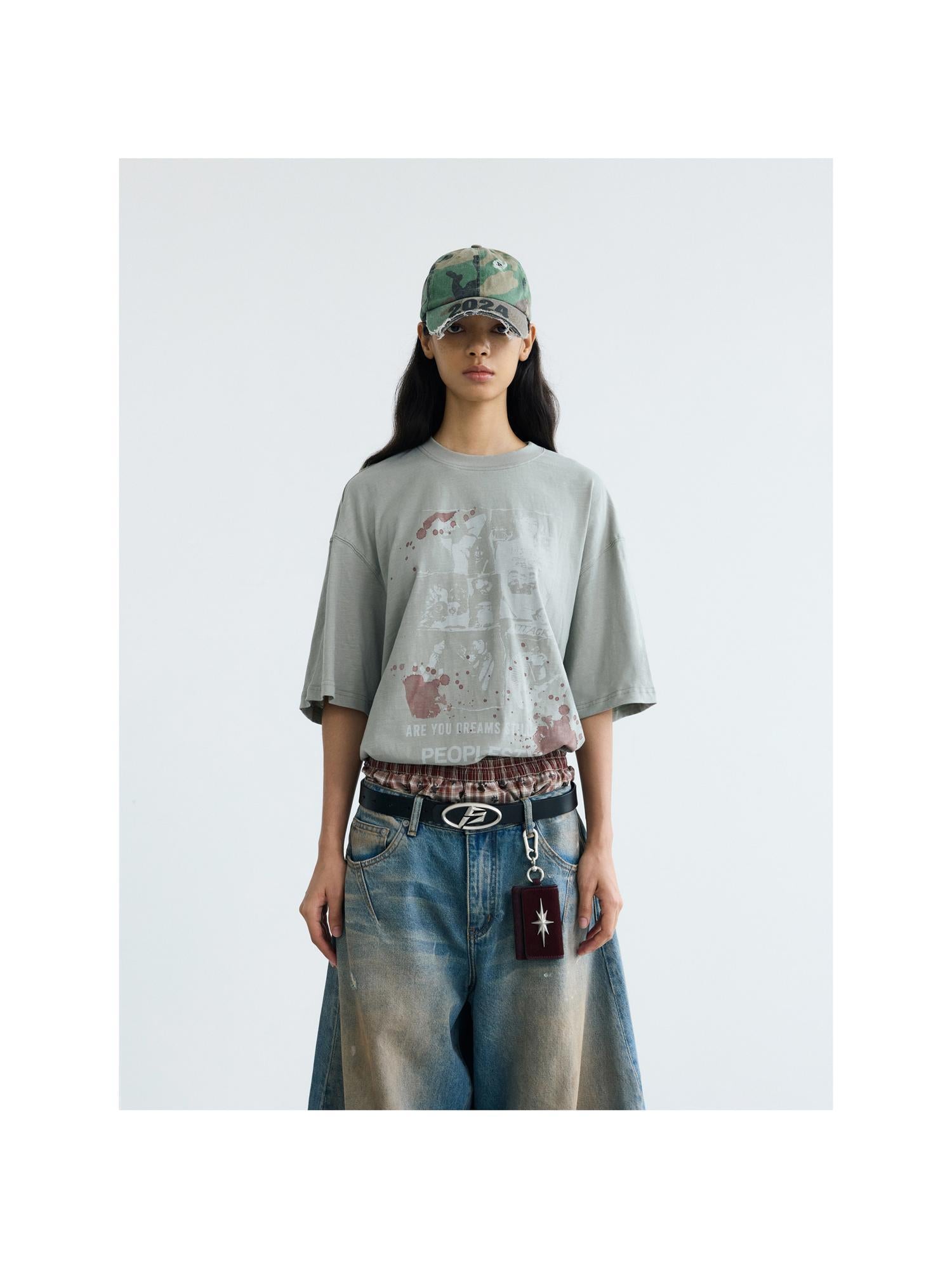 Peoplesense Vintage Distressed White Ink Print Loose Cotton Tee
