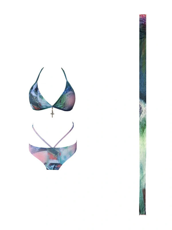 Printed 4-Piece Swim Set with Scarf & Skirt
