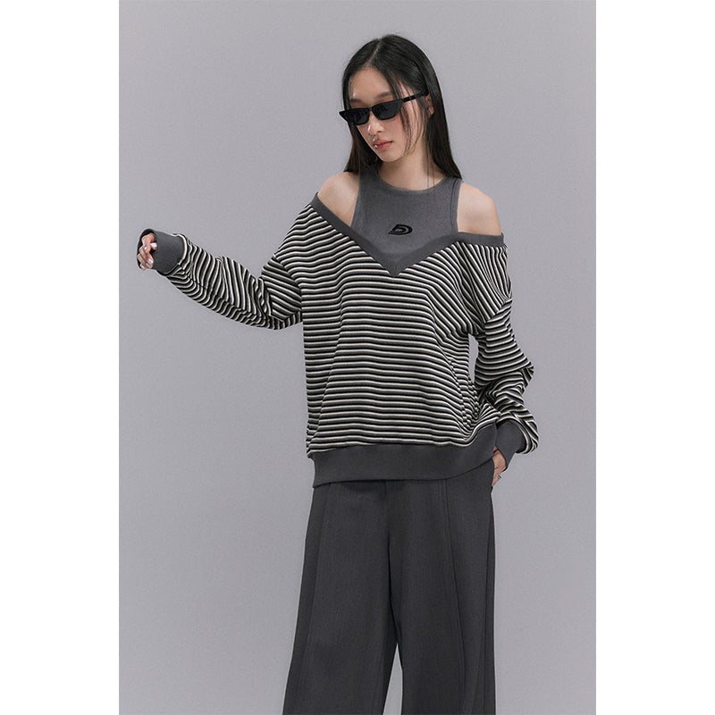 DIDDI MODA Retro Stripe Off Shoulder V Neck Sweatshirt