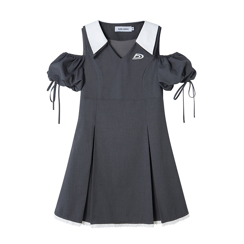 DIDDI MODA Artistic V Neck Bubble Sleeve Hollow Out Grey Mini Dress
