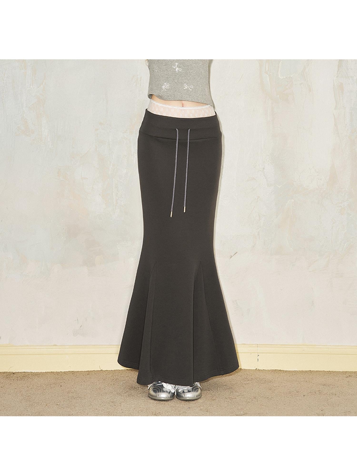 DIDDI MODA Sporty Lace Waist Flared Knit Skirt With Drawstring
