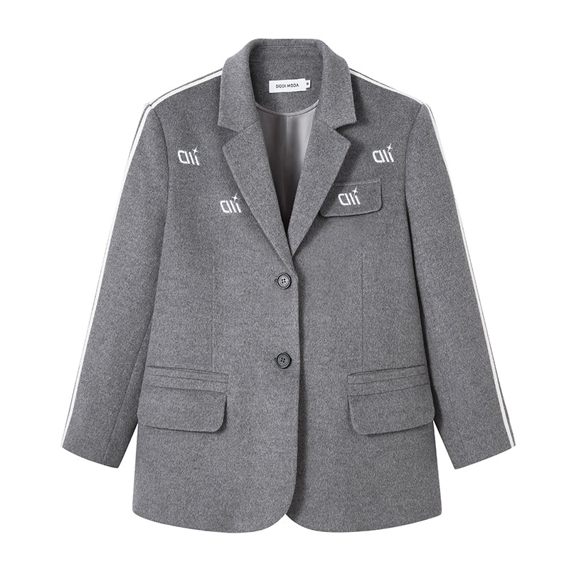 DIDDI MODA Retro Stripe Embroidered Wool Blend Tailored Coat