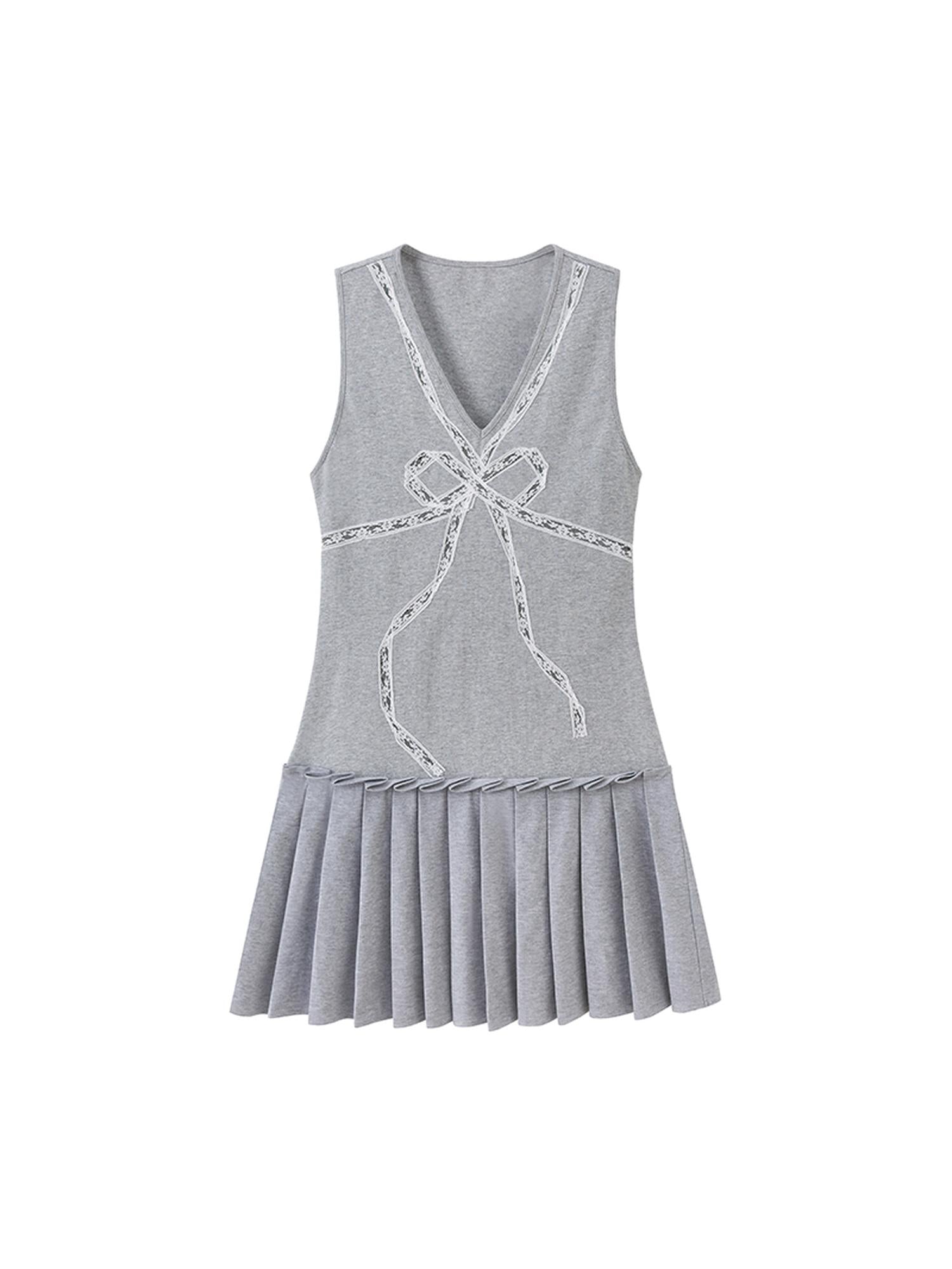 DIDDI MODA Elegant V Neck Lace Bow Ruffle Knit Dress
