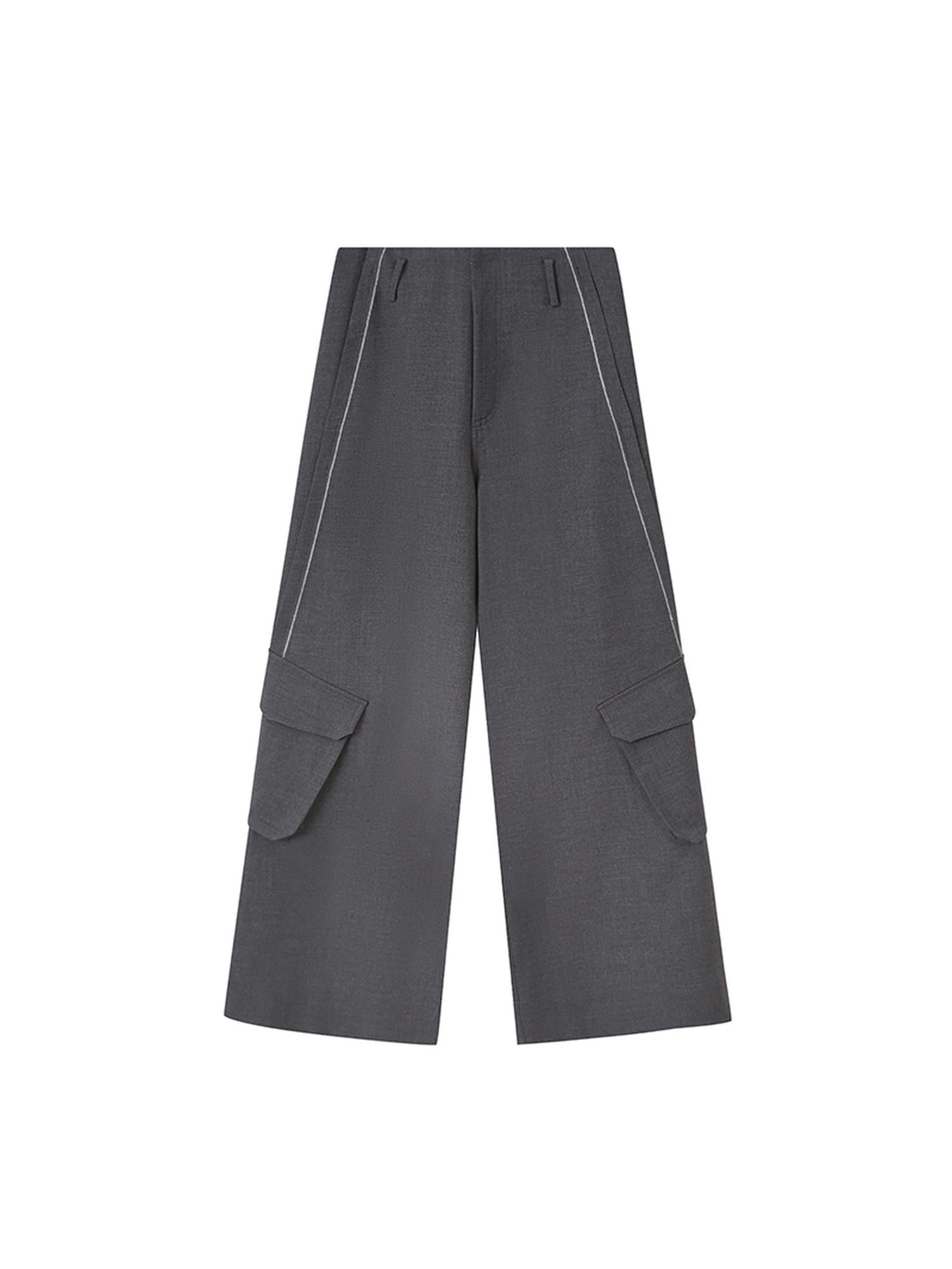 DIDDI MODA Loose Fit Pleated Wide Leg Cargo Trousers With Contrast Stitching