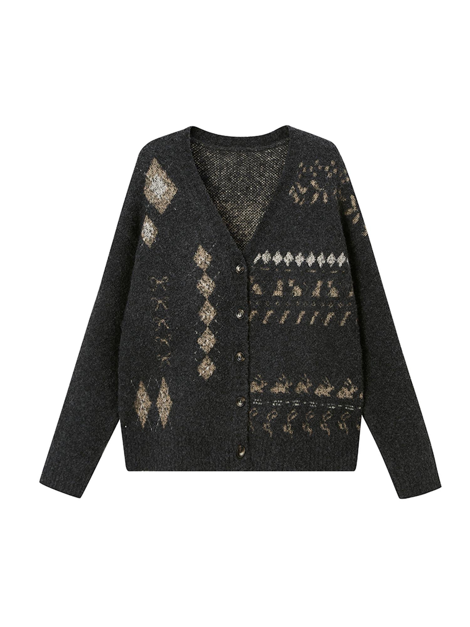 DIDDI MODA Fair Isle Knit Cardigan Retro Diamond Pattern Long Sleeve Coat