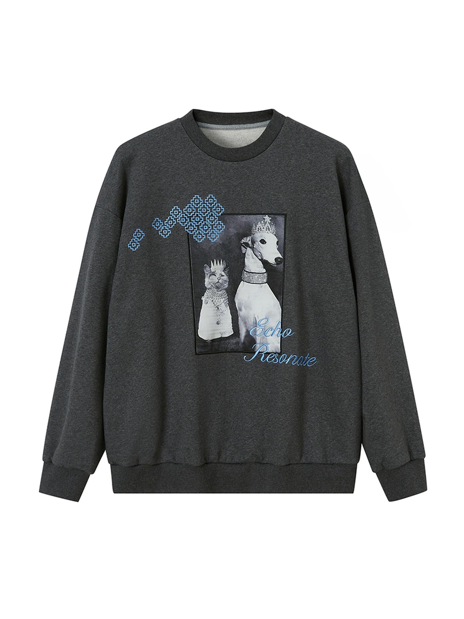 DIDDI MODA Cat Dog Crown Embroidered Loose Cotton Sweatshirt