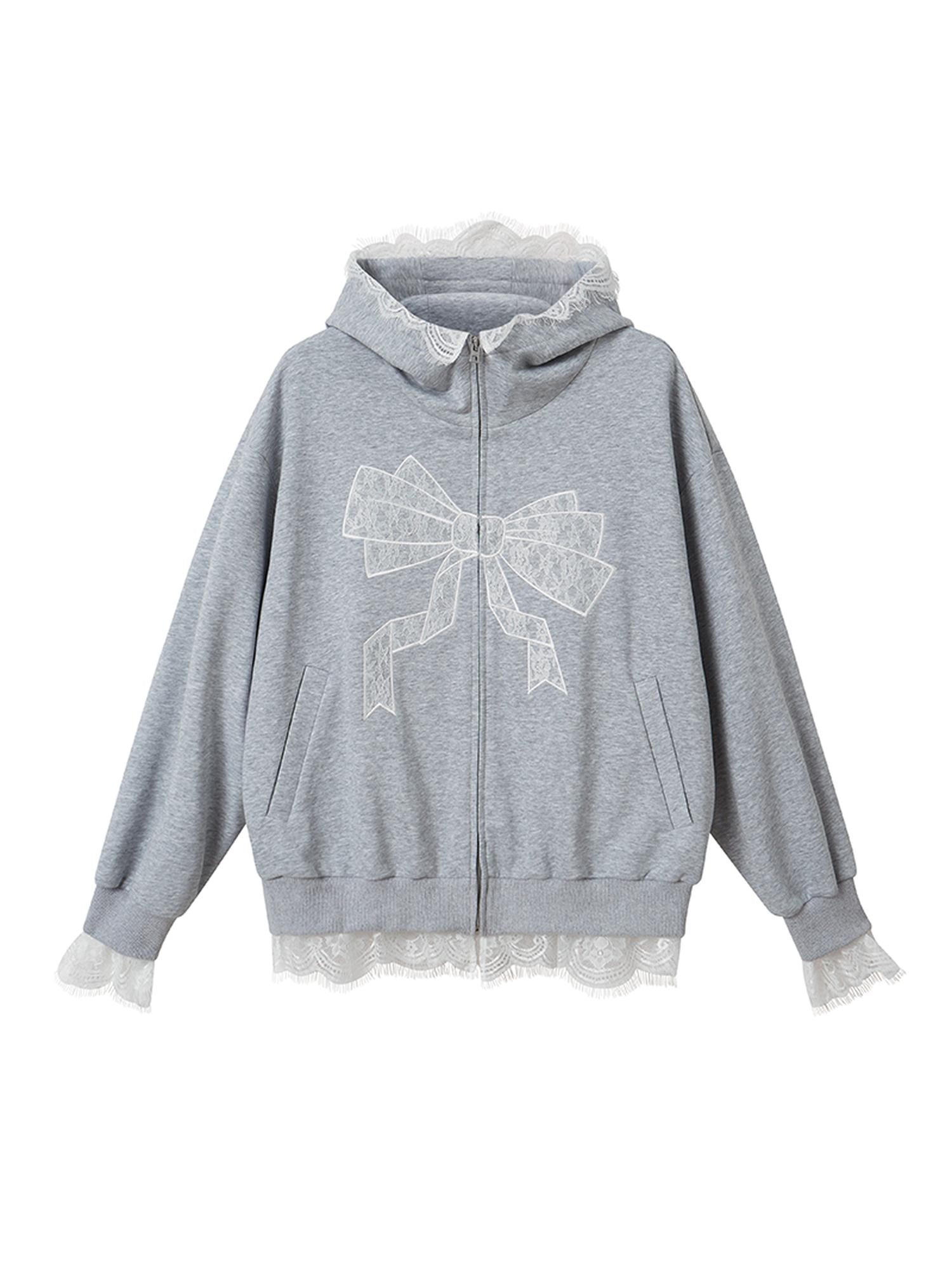 DIDDI MODA Lace Bow Gray Hoodie Sweatshirt Casual Oversized Top