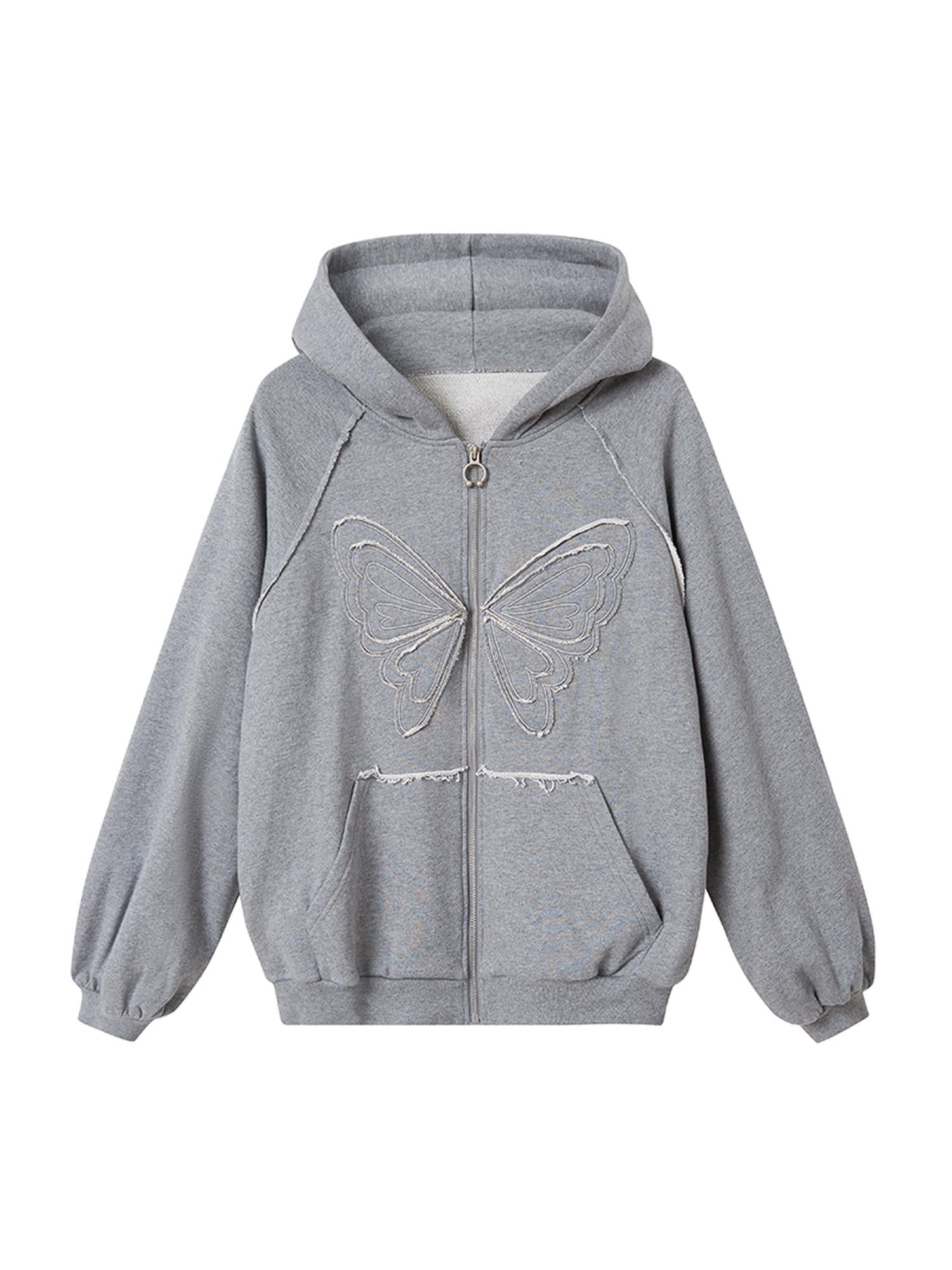 DIDDI MODA Lace Bow Butterfly Hoodie Grey Oversized Cotton Sweatshirt