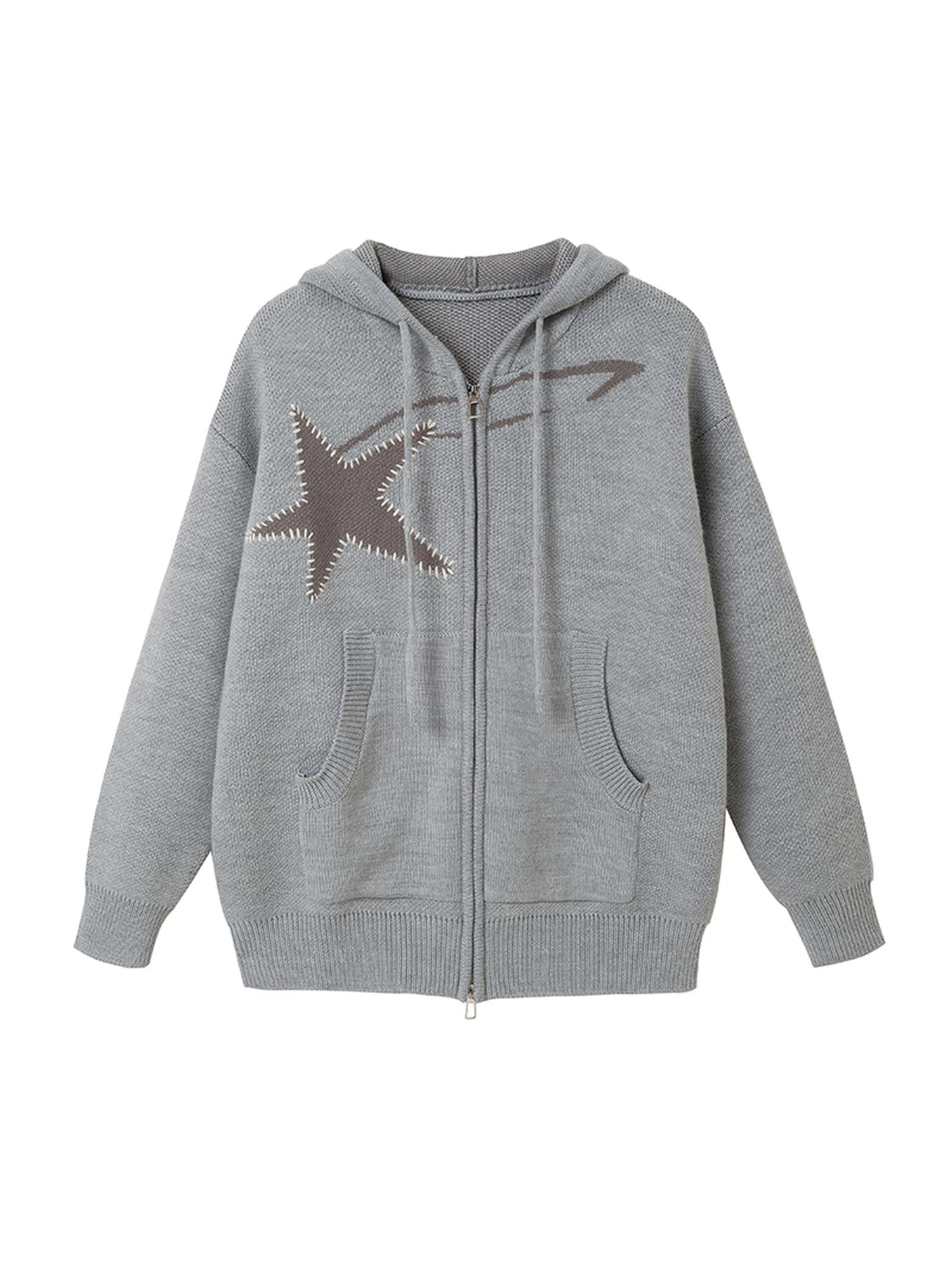 DIDDI MODA Vintage Star Oversized Hooded Wool Sweater Coat