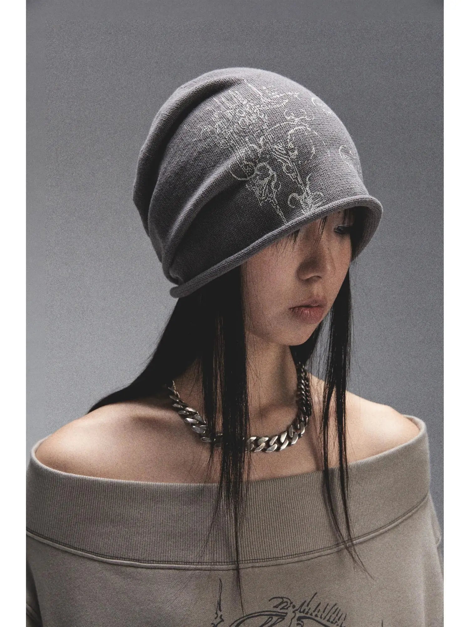 Tri Color Printed Knit Rolled Brim Slouchy Beanie