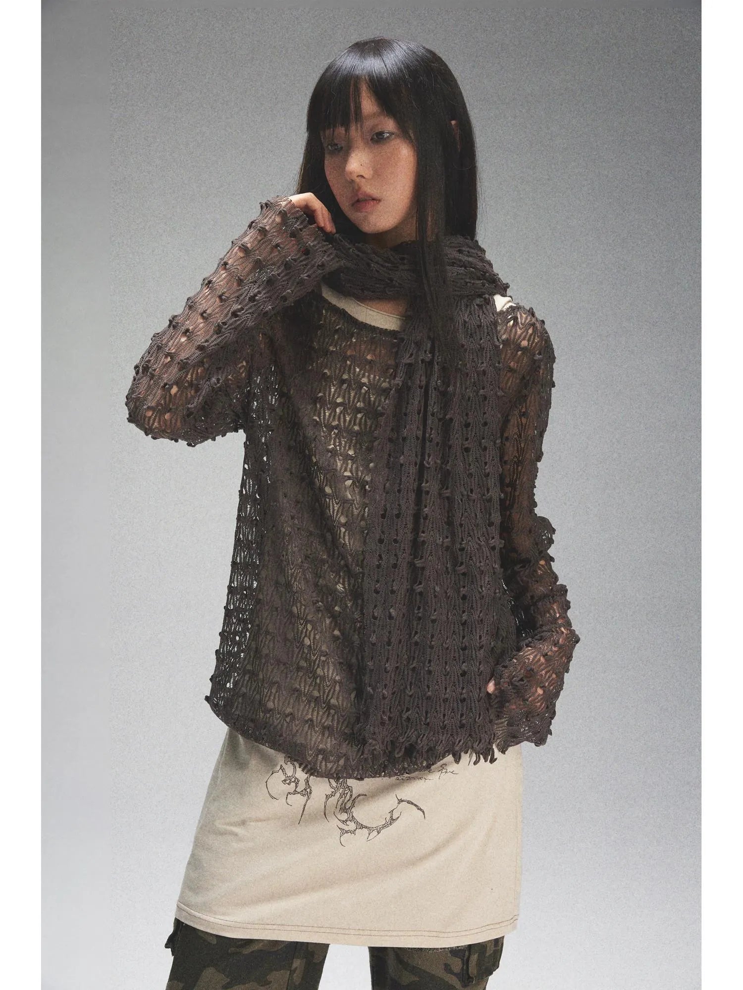 Spaca Mesh Shoulder Top With Free Scarf