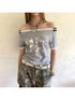 Elegant Off Shoulder Puppy Print Tee