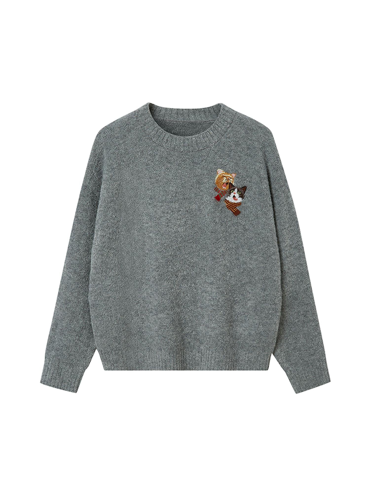 DIDDI MODA Cozy Cat Scarf Embroidery Knit Sweater