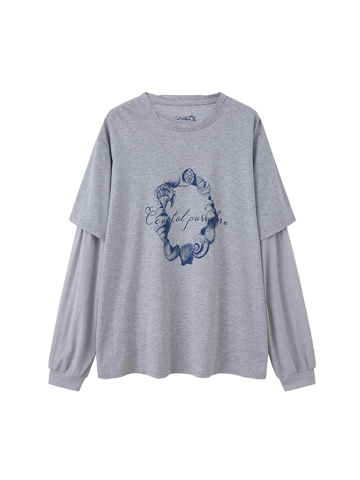 DIDDI MODA Ocean Shell Print Layered Loose Long Sleeve Tee