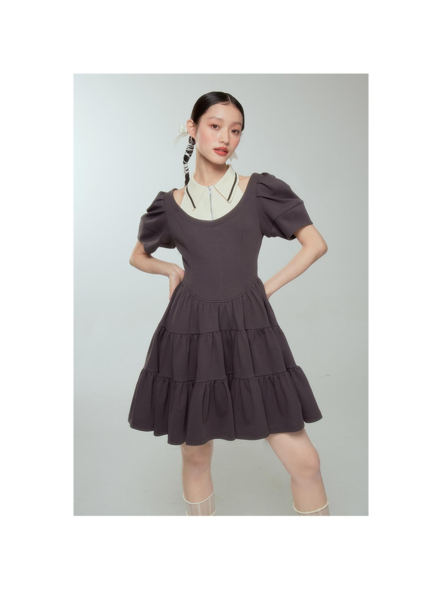 DIDDI MODA Vintage Knit Layered A Line Dress With Contrast Trim