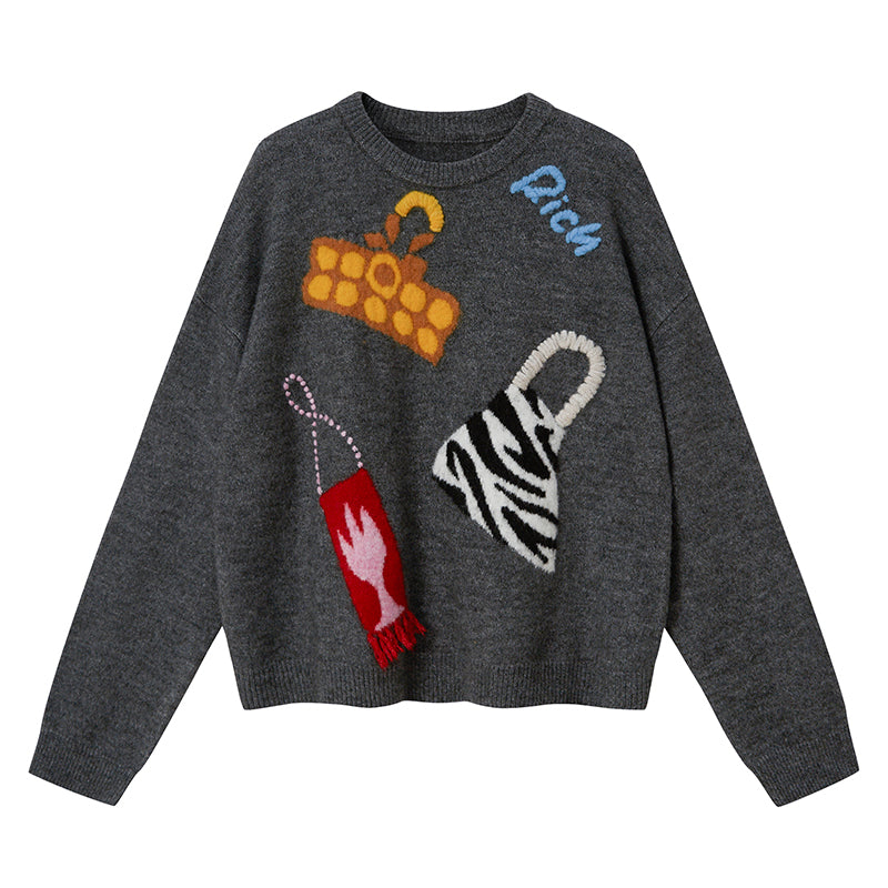 DIDDI MODA Fun Colorful Bag Embroidered Knit Sweater