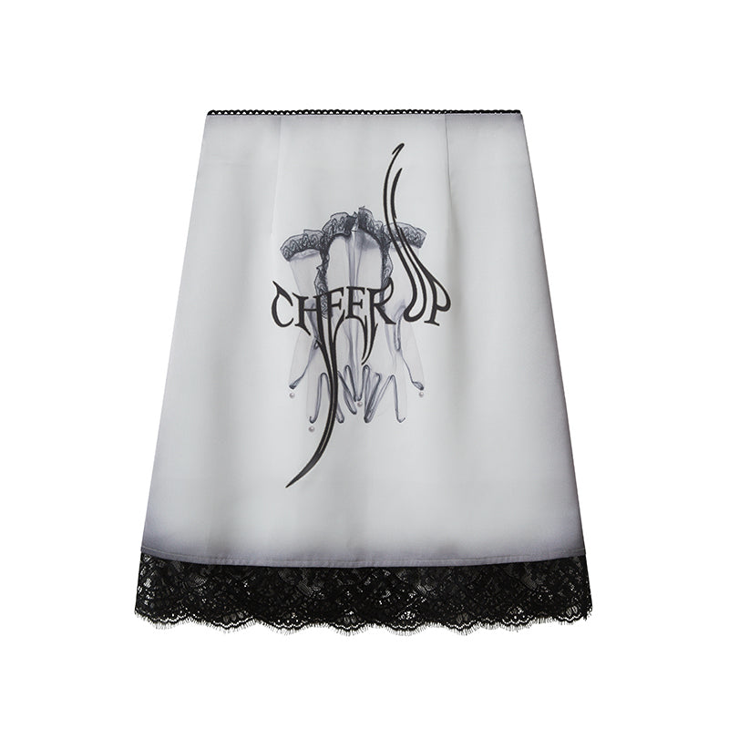DIDDI MODA Gothic Glove Print Lace Satin Straight Mini Skirt