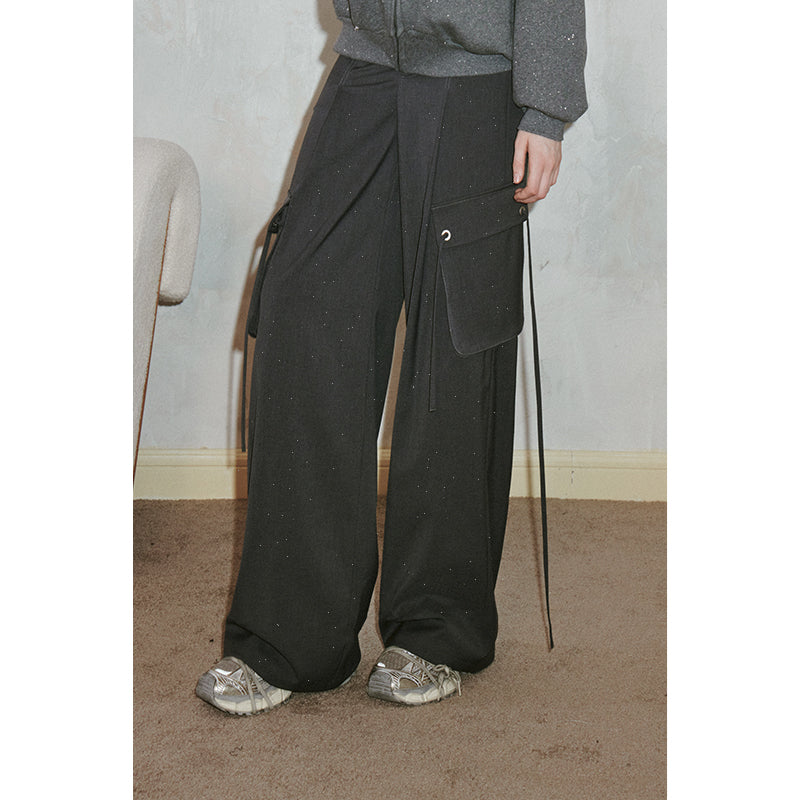 DIDDI MODA Sparkle Silver Utility Cargo Pants With Draped Ribbon