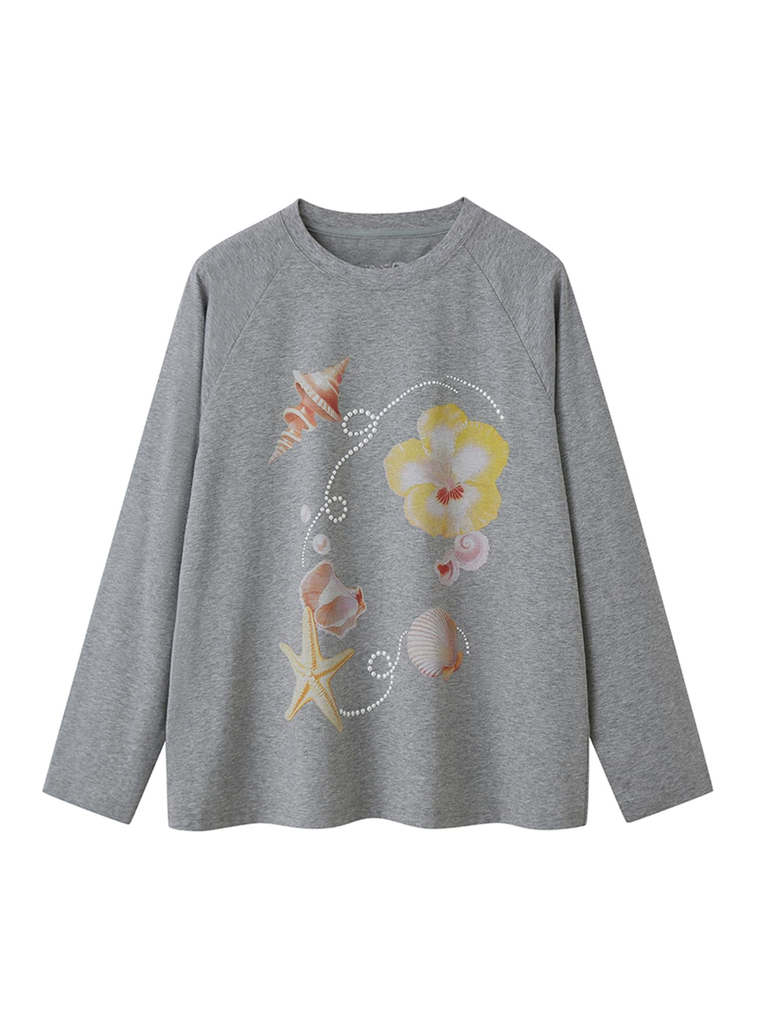DIDDI MODA Floral Shell Print Loose Fit Long Sleeve Tee