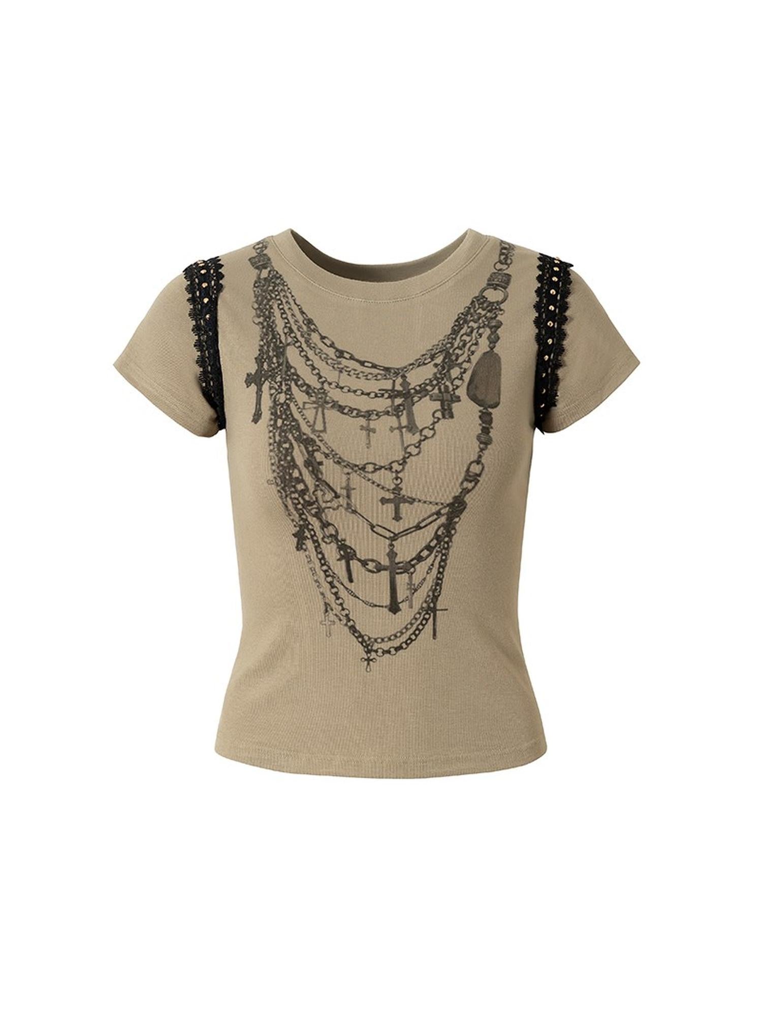 NO ROMANCE Punk Print Lace Trim Slim Stretch Two-Way T-Shirt