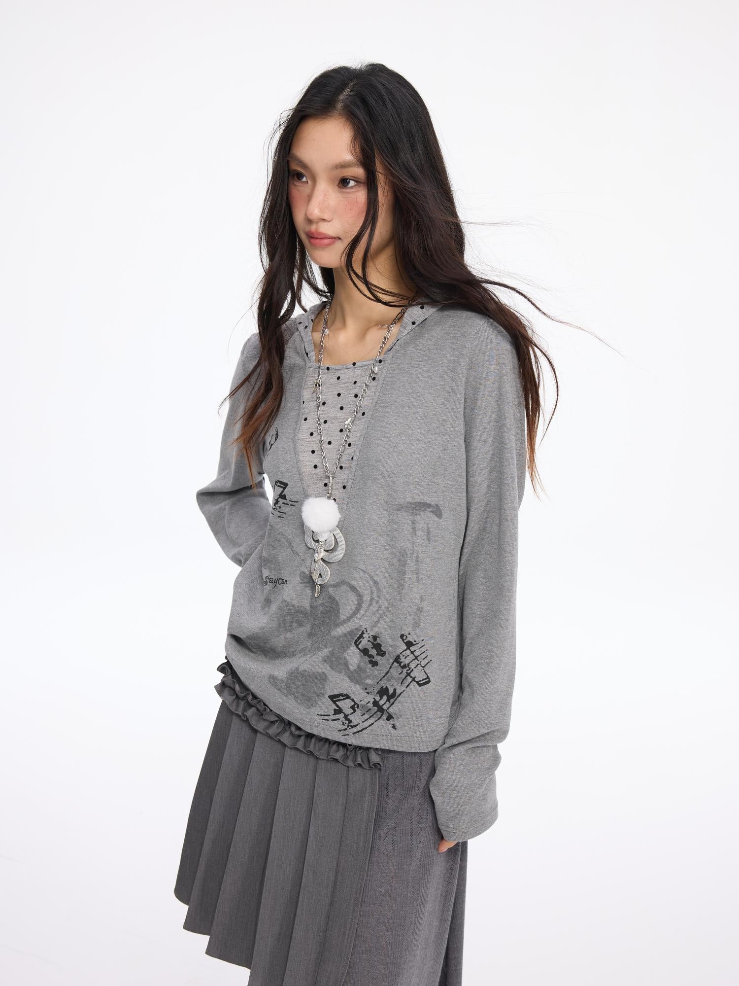 MOMSYCAN FOX LINE Summer Loose Hooded Tee With Dot Print False Layering
