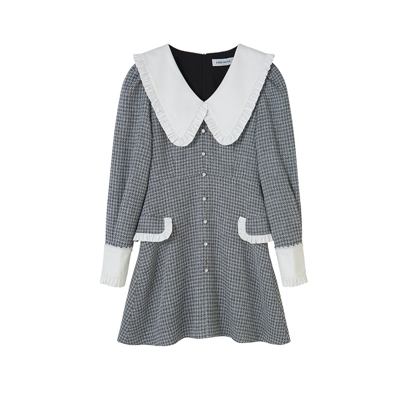 DIDDI MODA Spring Princess Puff Sleeve Pearl Button Flared Dress