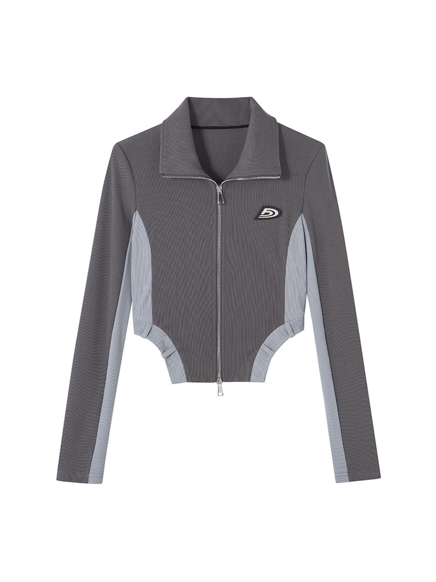 DIDDI MODA Retro Knit Zip Up Crop Top With Color Blocking