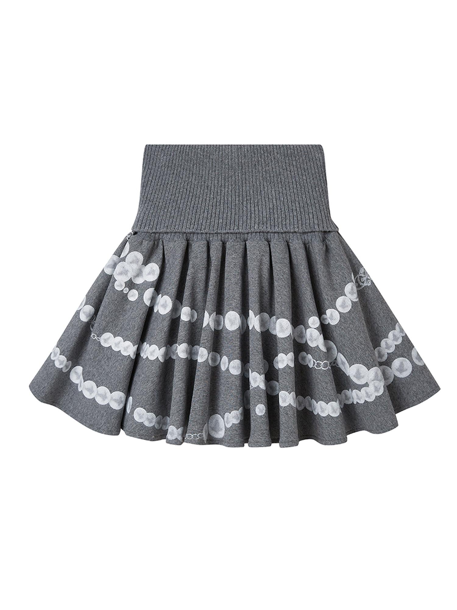 DIDDI MODA Pearl Necklace Print Knitted Pleated Skirt