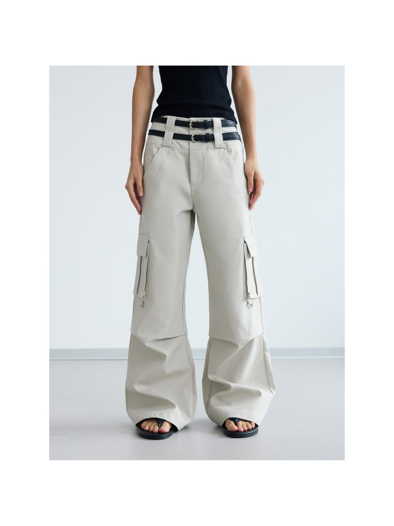 Peoplesense Double Waist Cargo Pants Black White Unisex Vintage Fit