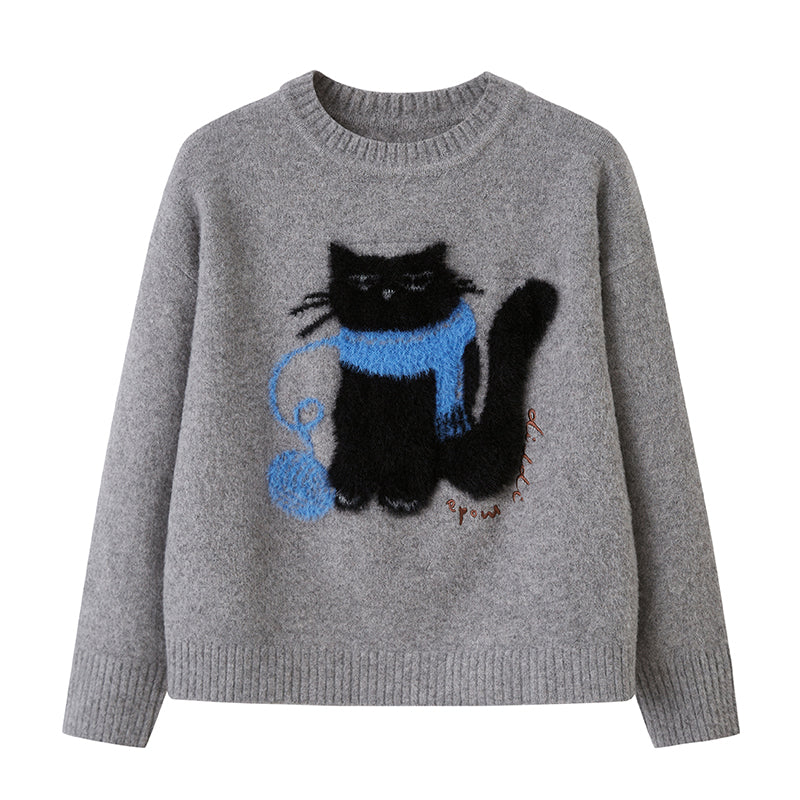 DIDDI MODA Cozy Knit Cat Yarn Cable Sweater