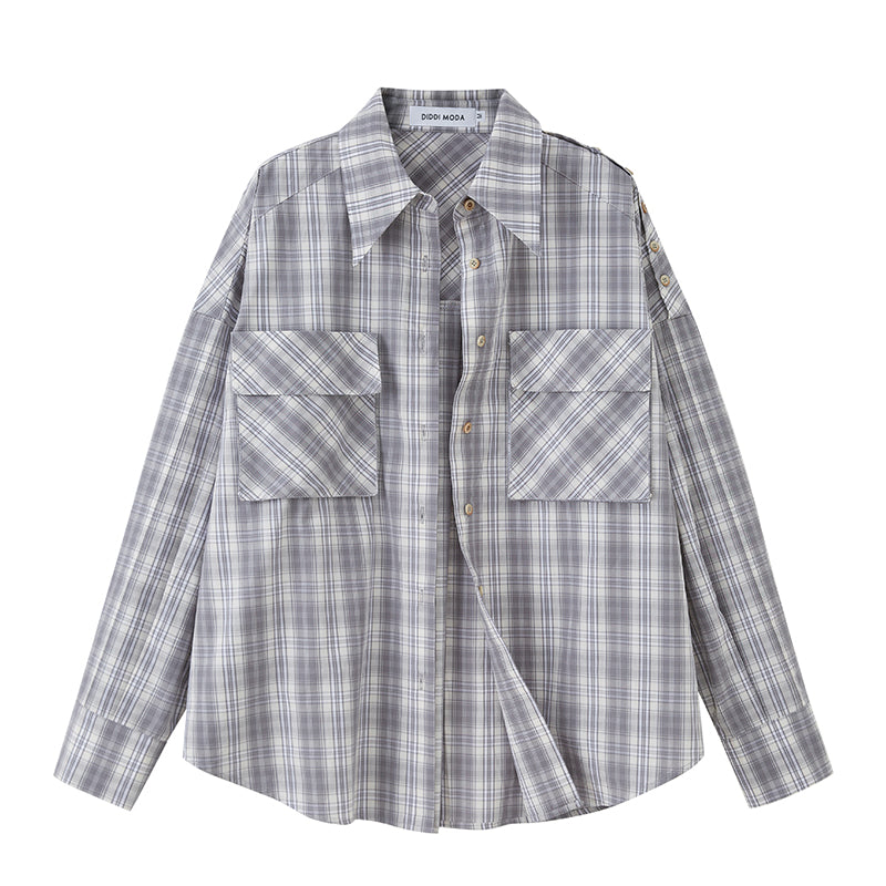 DIDDI MODA Oversized Checkered Off Shoulder Shirt With Layered Pockets