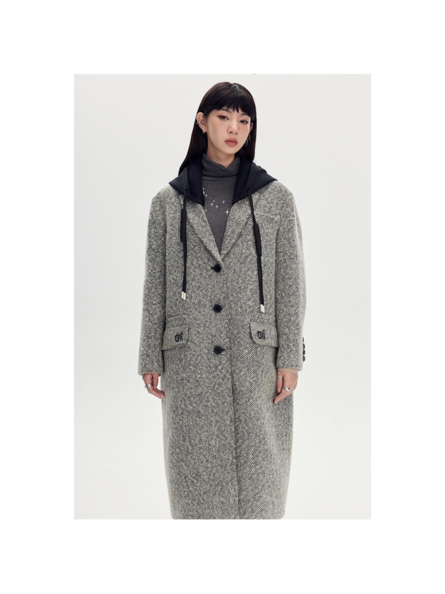DIDDI MODA Detachable Hood Wool Blend Trench Coat
