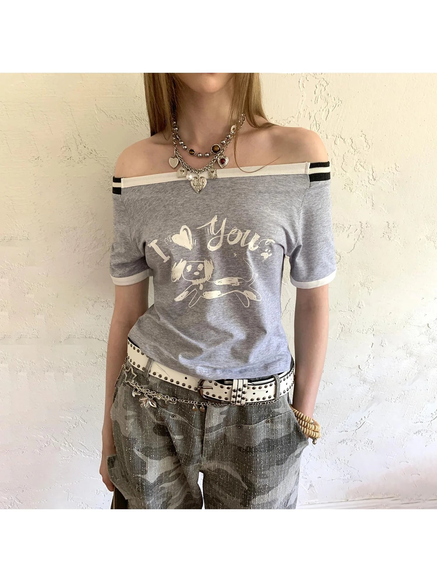 Elegant Off Shoulder Puppy Print Tee